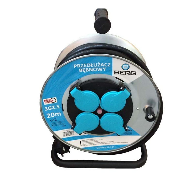 Przedłużacz bębnowy 20 metrów 3x2,5mm na 4 gniazda z uziemieniem ANTI-TWIST BERG H07RN-F